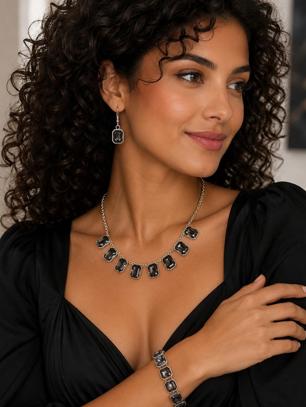Elegant Black Crystal Statement Necklace and Earring Set